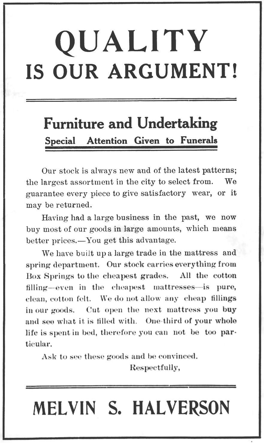 ad for Halverson's Furniture and Undertaking from 1908 city directory
