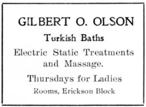 Ad for Gilbert O. Olson Turkish Baths from 1908 City Directory
